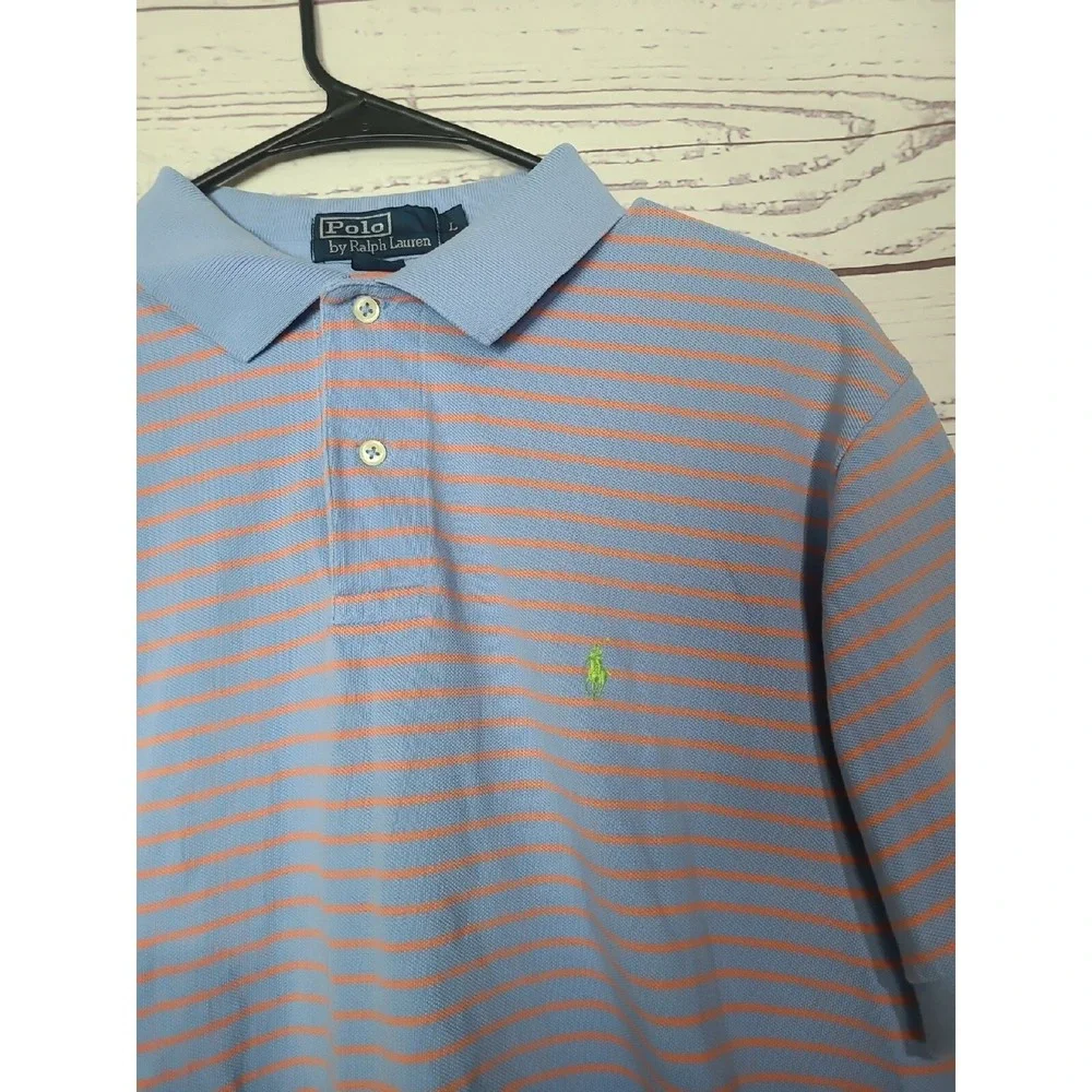 Polo Ralph Lauren Mens Large Blue Orange Striped Short Sleeve Cotton‎ Polo Shirt